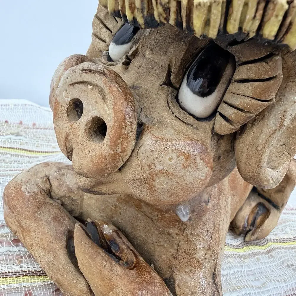 Vintage 70s Max Hindt Studio Art Pottery Big Eyed Country Pig Sculpture Figurine